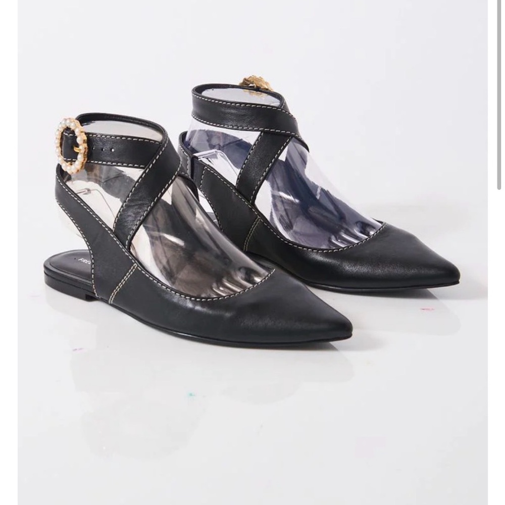 Free People Black Pointed Toe Slingback Flats with Gold Buckle